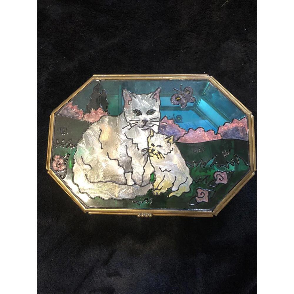 Vintage Spoontiques Hand-Painted Glass Cat Music Trinket Box “Favorite Things”
